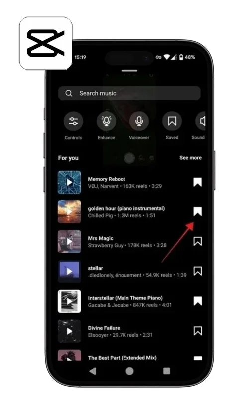 UI of CapCut's audio feature and icon at the upper left side